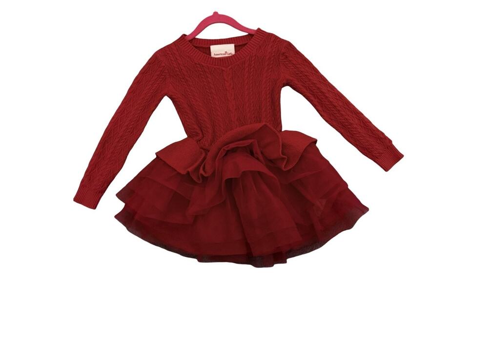 Girls Sweater Dress Size 5 American Girl Red Dress Tulle Ruffle Skirt Long Sleev